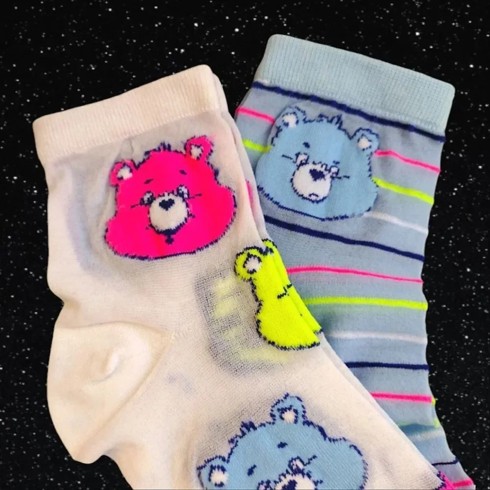 Care Bears‎ White Colorful Neon Print 2 Pairs Nylon Capri Socks NWT Nostalgia